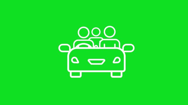 White outline icon of a car with three people inside on a bright green background automobile vehicle
