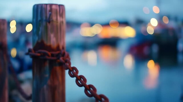 Rustic wooden mooring post with rusty chain at a tranquil harbor during dusk, featuring soft bokeh lights reflecting on water.
