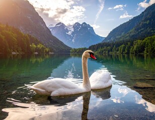 Majestic Swans on Serene Mountain Lake at Sunrise