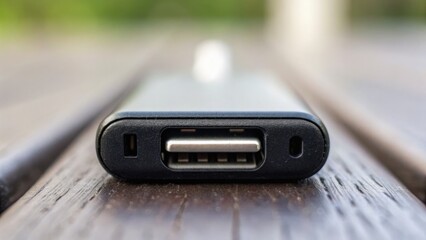 A close-up view of a smartphone charger port resting on a wooden surface, highlighting its details and design.