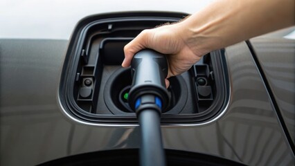 Electric vehicle charging with a hand holding a charger. Focus on sustainability and technology in transportation.
