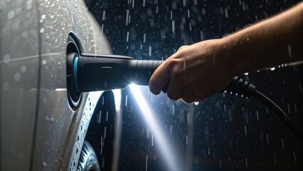 A hand holds a flashlight while aiming it at a wet car surface, with rain visibly pouring down, creating a dramatic effect.