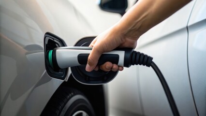 Electric vehicle charging with a hand holding a connector, highlighting sustainability and modern technology in transportation.