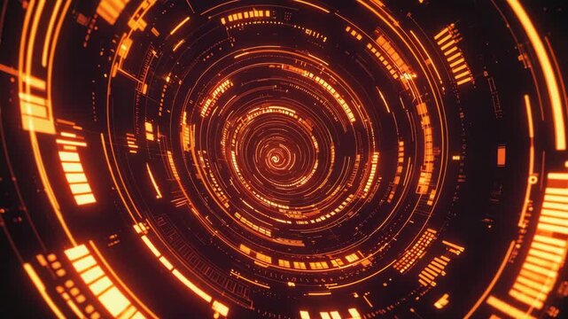 Futuristic orange digital H U D interface vortex tunnel abstract technology background glowing