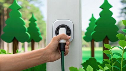 A hand connects an electric vehicle charger to a station surrounded by stylized green trees, symbolizing eco-friendly energy solutions.