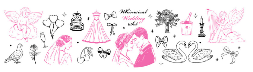 Whimsical vintage wedding doodle collection. Hand drawn elegant couple, party icons, bows, harp, swans, cherub, bouquet and celebration cake in sketch style.
