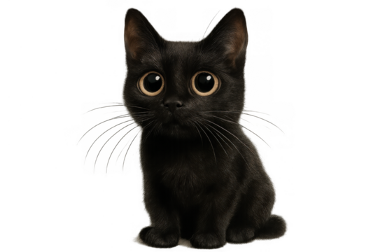 Black cat kitten with big round eyes sitting, cute animal cartoon pet character on transparent background