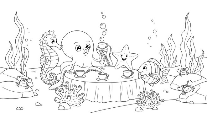 Whimsical Underwater Tea Party: Cartoon Sea Creatures Enjoying Refreshments