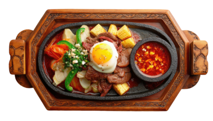 Sizzling steak and egg platter on ornate wooden tray