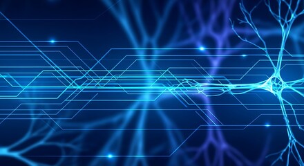 Abstract blue background with neural network and circuit board design connections and data flow
