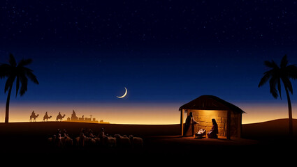 Nativity Scene with Three Wise Men and Shepherds Under Starry Sky christmas jesus