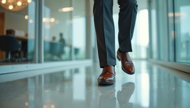 Businessman in formal suit strides fast through office corridor, elegant brown shoes reflecting on glossy floor. Pro late for corporate meeting, legs moving with purpose. Portrays urgency,