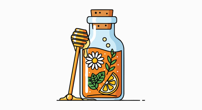 Natural Honey Elixir in Glass Bottle with Chamomile Mint and Lemon Slices Wellness Ingredient