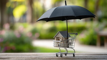 Miniature house in shopping cart protected by black umbrella symbolizing the concept of home insurance, security, and financial protection in real estate investment