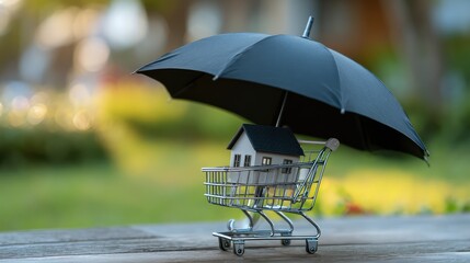 Miniature house on a shopping cart under a black umbrella, symbolizing protection and security in real estate and property investment concepts against outdoor background.
