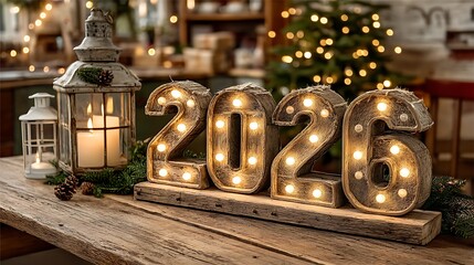 Festive New Year 2026 celebration concept with illuminated marquee numbers on a rustic wooden table.