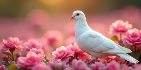 Fototapeta premium Elegant white pigeon on a bed of pink flowers, soft focus , pastel, background