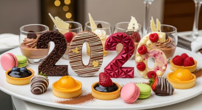 Sweet 2026 New Year celebration featuring gourmet chocolate numbers, mini tarts, macarons, and mousse desserts for a festive holiday gathering - Powered by Adobe