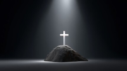 wooden cross, on mountain peak, standing alone, dramatic backlight, cinematic, spiritual, black and white, centered composition, telephoto, glowing light rays, high detail, ultra-realistic, dramatic