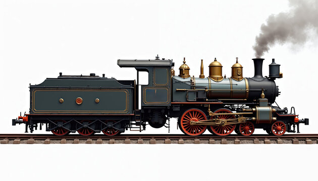 Vintage steam train on tracks emits smoke. This classic locomotive shows industrial history and old transport technology. Dark green and gold colors, red wheels stand out.