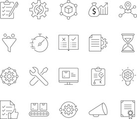 Product Management Line Icons, Editable Stroke. Set of Outline Icons: Checklist, Development, Strategy, Roadmap, Project, Funnel, Marketing, Time, Analysis, Gear, Certification