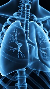 Human Lungs and Rib Cage in Blue Tones Anatomic X-Ray Structure on a Black Backdrop for Medical Illustration and Educational Material about Respiratory Diseases like Pneumonia or Tuberculosis