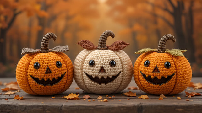 Three cheerful crocheted pumpkins are featured against a softly blurred autumn background showcasing delightful handmade decorations for Halloween