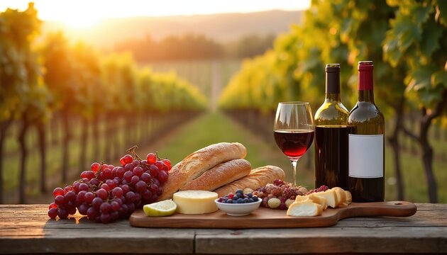 Red wine and appetizers served on a rustic table at a vineyard during sunset. Grapes, bread, cheese, and berries complement the celebratory drinks.