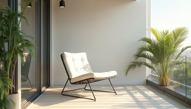 Modern white chair on sunlit balcony with glass railing and plants. Minimalist design for relaxation and comfort. Outdoor living space with city view.
