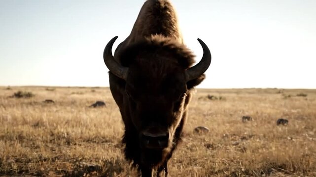 Majestic bison stands backlit in sun-drenched golden prairie, gazing forward