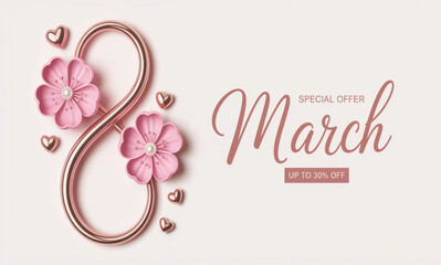 Rose gold vector number 8 adorned with pink cherry blossoms and hearts for a special March celebration
