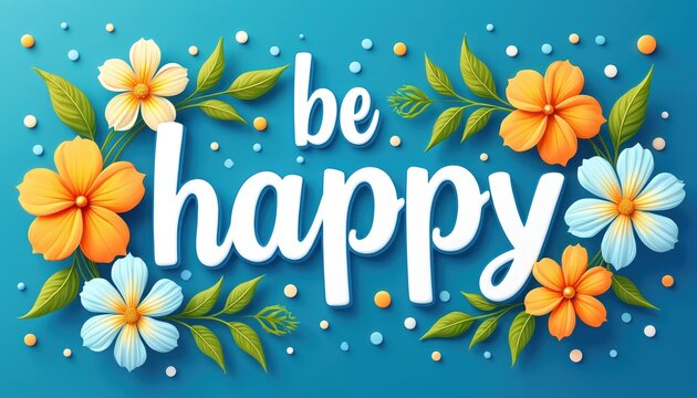 Inspiring illustration with flowers and text message be happy. Floral design with bright colors promotes positivity and good feelings. Suitable for greeting cards posters and decor.