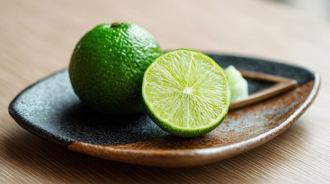 sudachi. Halved sudachi citrus beside minimalist Japanese cuisine on a ceramic plate, vibrant green flesh. menu design.