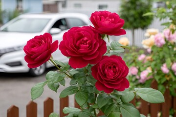 Red roses blooming in garden with car background