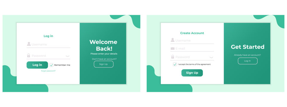 Sign up and sign in UI page layout. Simple modern register and login form design for websites.
