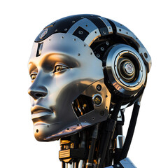 Detailed Silver Robot Head Profile With Intricate Mechanical Parts And Warm Golden Sunset Lighting Reflected On Its Smooth Surface Isolated On Black Background