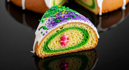 Slice of King Cake with Hidden Baby Figure Rosca de Reyes pastry