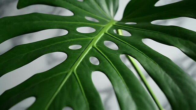 Vibrant Green Monstera Leaf Close Up Featuring Unique Natural Fenestrations Lush Tropical Houseplant Foliage Botanical Detail for Interior Decor