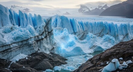 Stunning Perito Moreno Glacier view in Patagonia, Argentina, with vibrant blue ice formations and scenic mountain backdrop creating a powerful, timeless landscape
