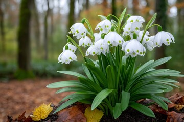 First spring snowflake flowers Leucojum vernum blooming in woodland