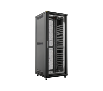 Server Rack with Open Door and Shelves isolated on a transparent background
