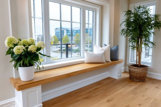 Cozy window seat with pillows and houseplants