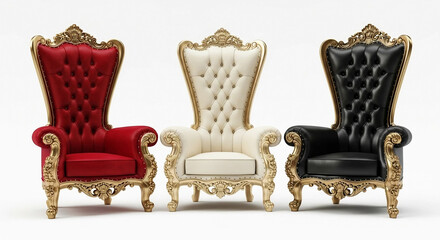 Three Ornate Throne Chairs in Red White and Black regal royal