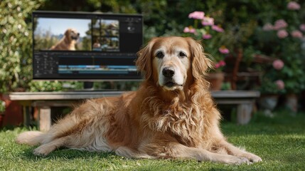Golden retriever relaxing in the garden, with video editing software interface displayed on a computer screen in the background showcasing pet moments.