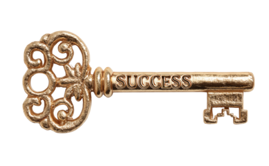 Ornate Golden Key with Success Inscription isolated on a transparent background