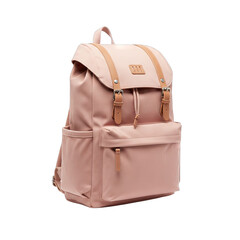 Dusty Rose Textured Backpack With Tan Leather Accents And Buckle Closures Isolated On White Studio Background