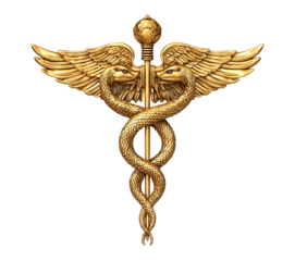 Golden Caduceus Symbol with Snakes and Wings isolated on a transparent background 1