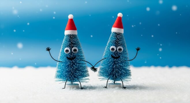 Two christmas tree figures holding hands in a snowy scene with falling snow and blue background