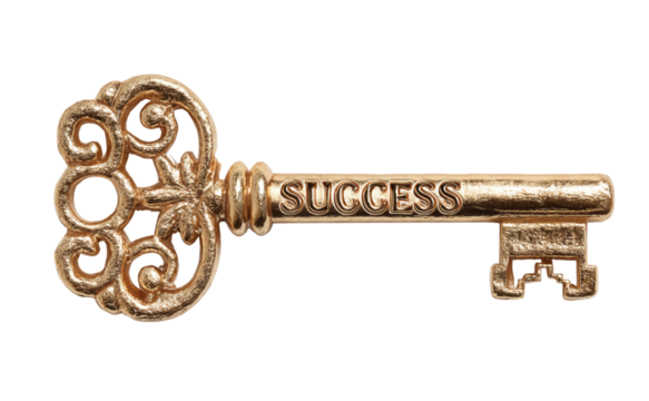 Ornate Golden Key with Success Inscription isolated on a transparent background