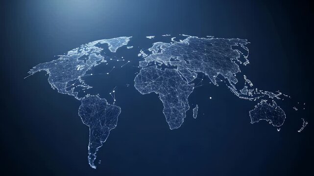 Abstract world map created with glowing lines and nodes on a dark blue background, suggesting connectivity and data - Powered by Adobe